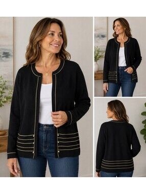 San Remo by Laura Knits Black Gold Trim Open Front Knit Cardigan Women's XL